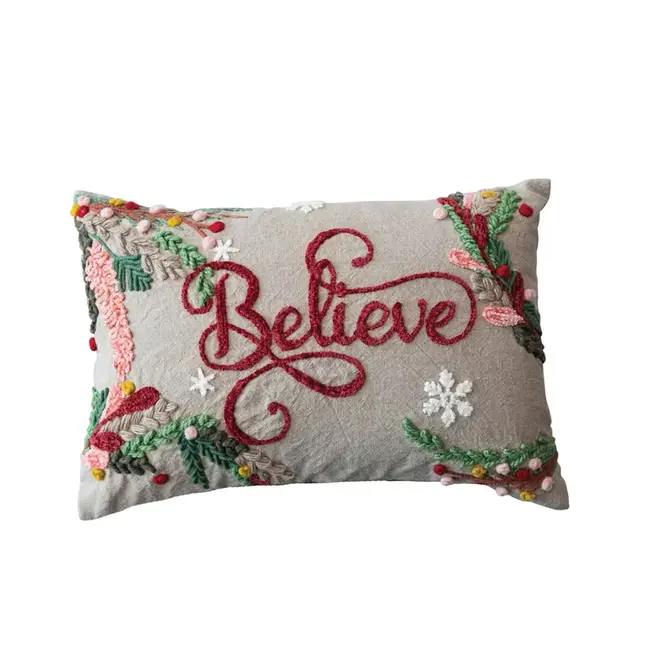 Embroidered Believe Lumbar Pillow