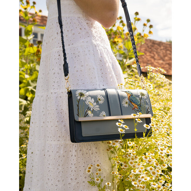 Fable England Embroidered Kingfisher Blue Cross Body Purse