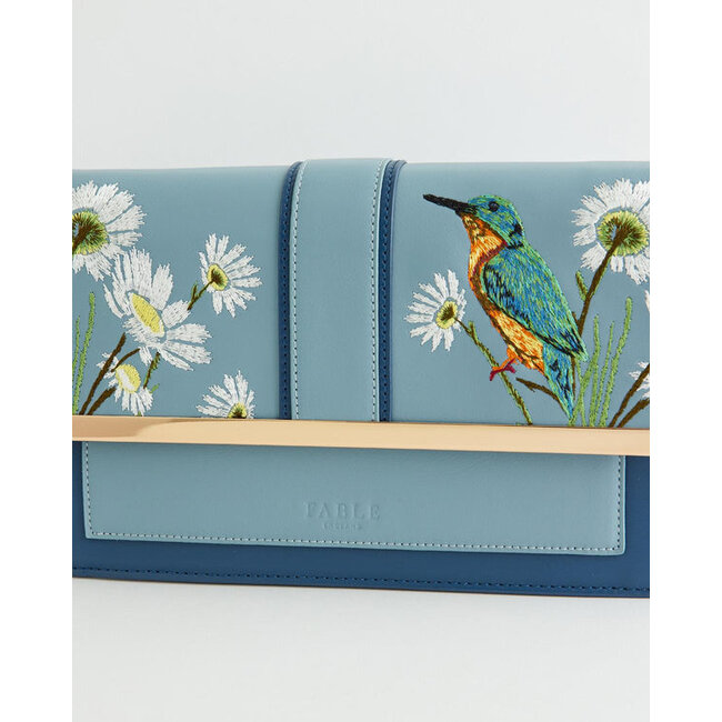 Fable England Embroidered Kingfisher Blue Cross Body Purse