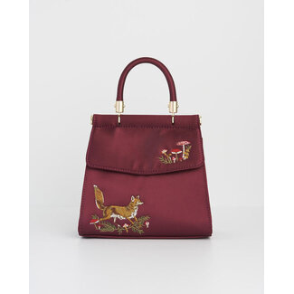 Fable England Fox & Mushroom Embroidered Burgundy Satin Tote