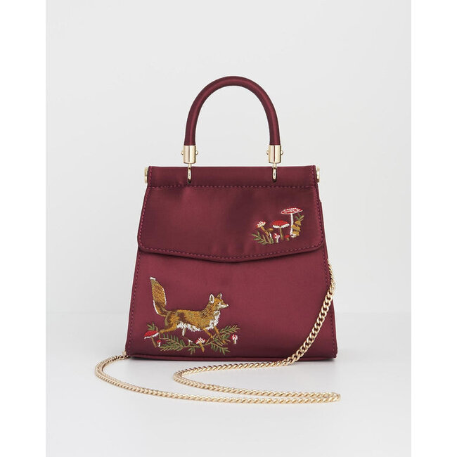 Fable England Fox & Mushroom Embroidered Burgundy Satin Tote