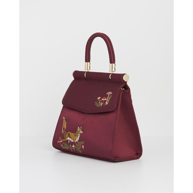 Fable England Fox & Mushroom Embroidered Burgundy Satin Tote
