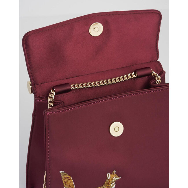 Fable England Fox & Mushroom Embroidered Burgundy Satin Tote