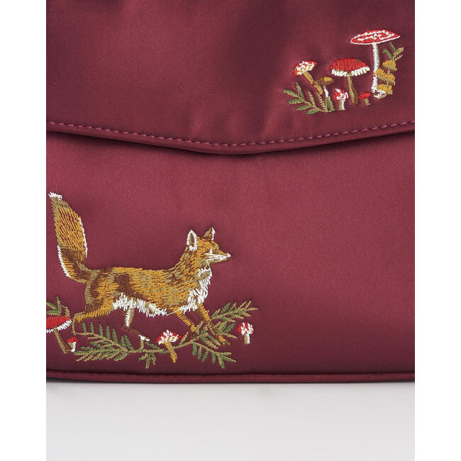 Fable England Fox & Mushroom Embroidered Burgundy Satin Tote