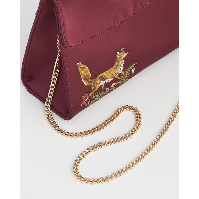 Fable England Fox & Mushroom Embroidered Burgundy Satin Tote