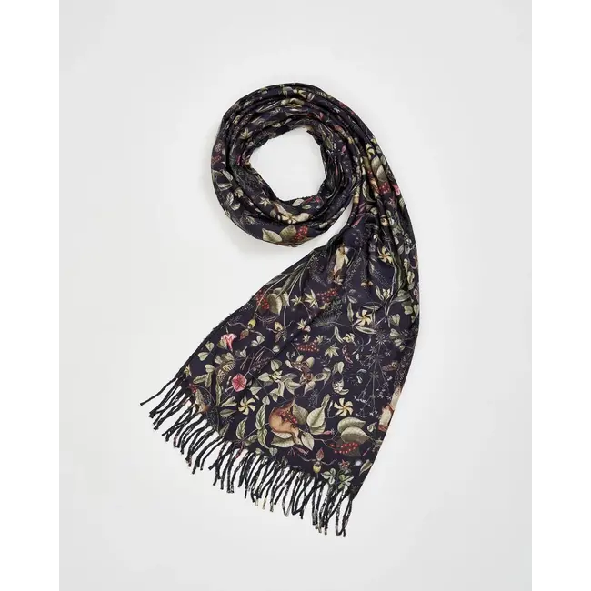 Fable England Wolf Garden Navy Scarf with Tassels