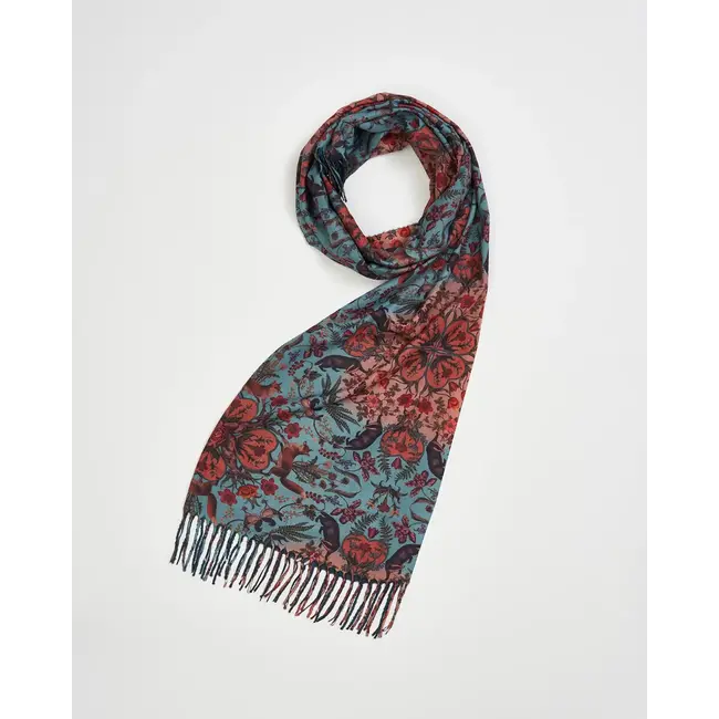 Fable England Folksy Fox Teal Scarf with Tassels