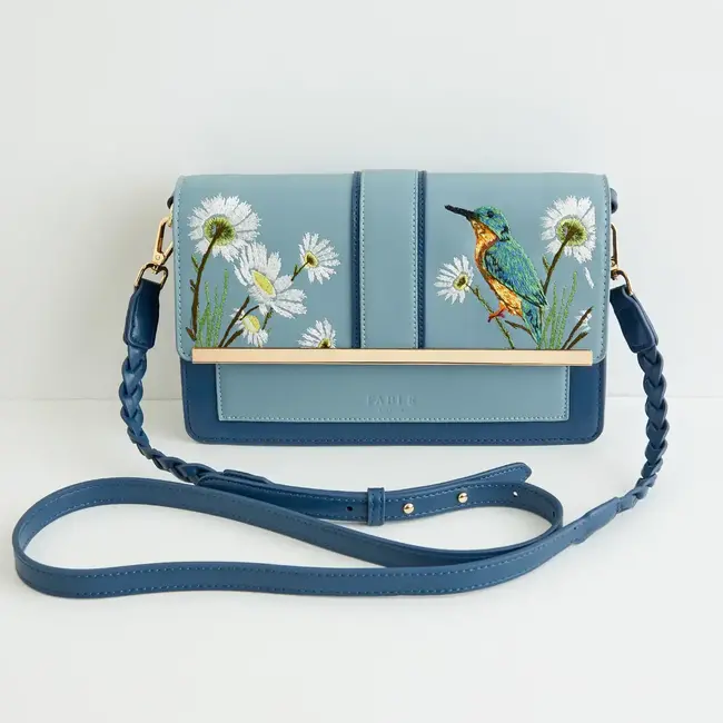 Fable England Embroidered Kingfisher Blue Cross Body Purse