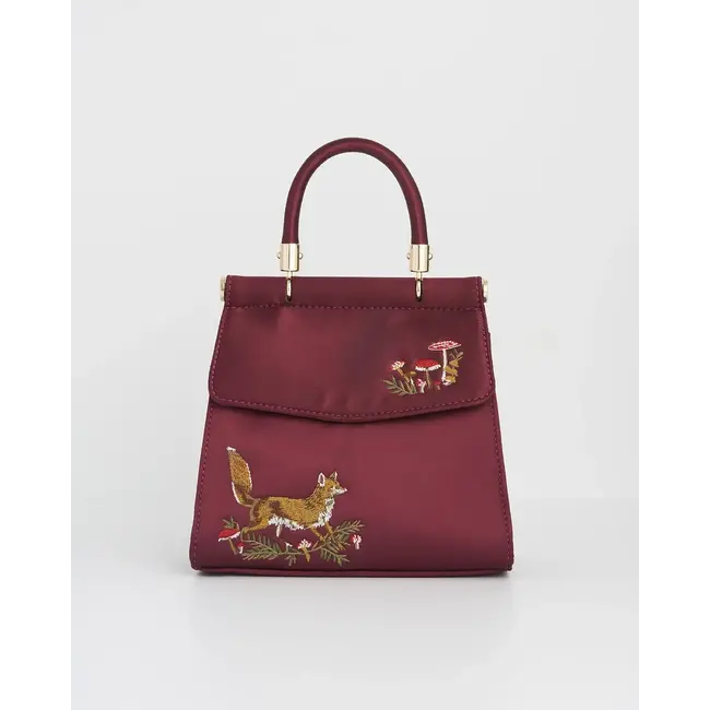 Fable England Fox & Mushroom Embroidered Burgundy Satin Tote