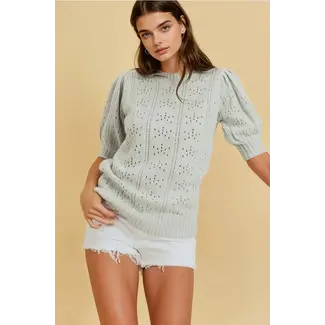 Puff Sleeve Knit Sweater Top in Blue Grey