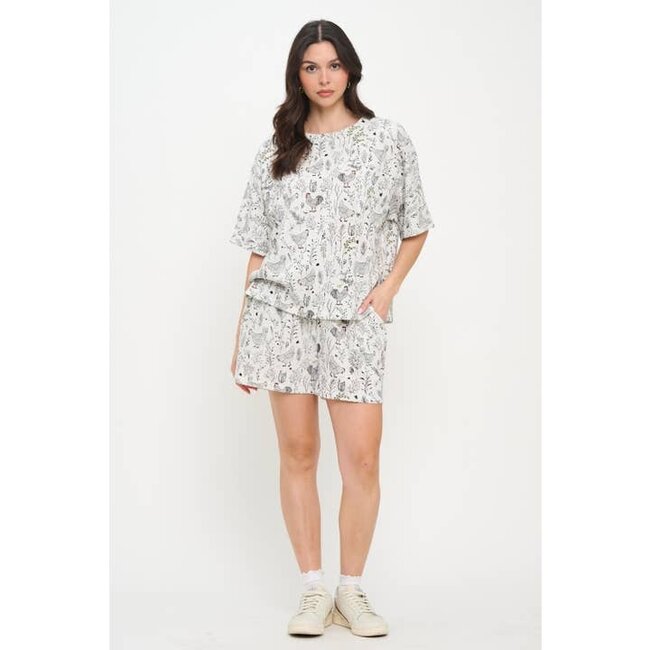 Rooster Floral Print Relaxed Fit T-Shirt