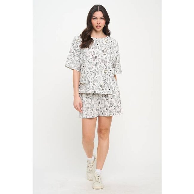 Rooster Floral Print Relaxed Fit T-Shirt