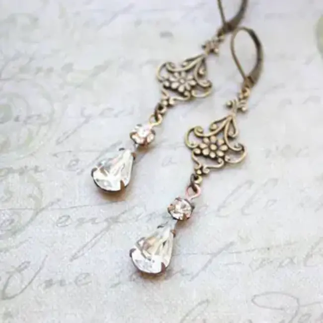 A Pocket of Posies Long Filigree Crystal Glass Earrings - Vintage