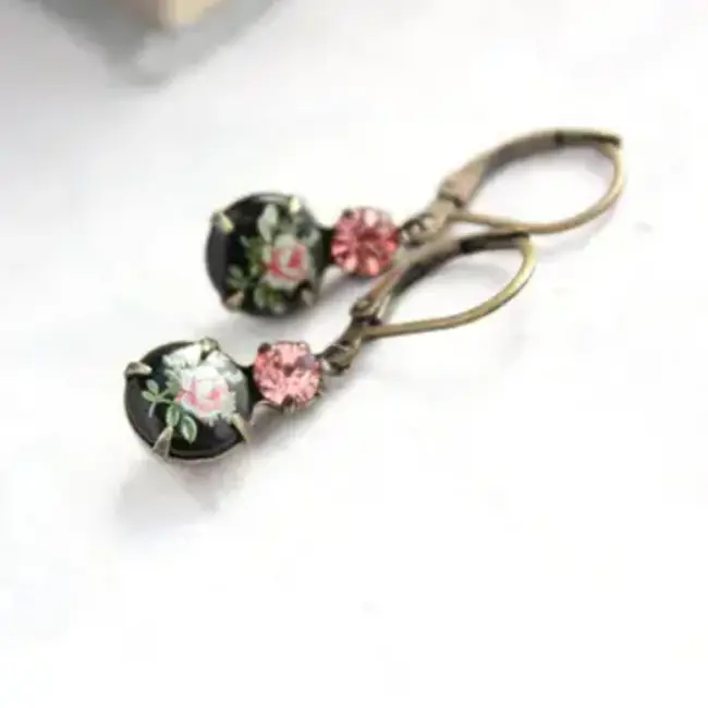 A Pocket of Posies Little Cameo Earrings - Vintage Glass - Pink Rose On Black
