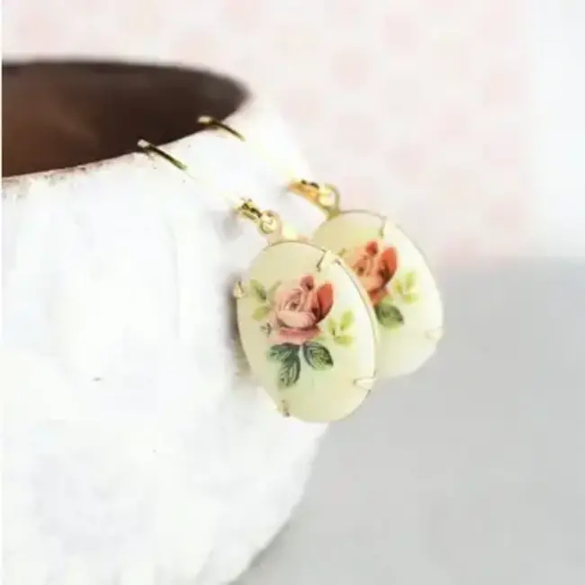 A Pocket of Posies Cameo Drop Earrings - Vintage Style Red Rose