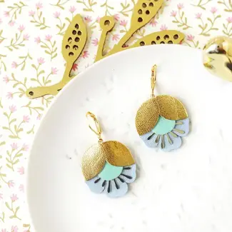 Chenoha Studio Cherry Flower Earrings - Gold, Mint, Light Blue Leather
