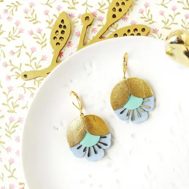 Chenoha Studio Cherry Flower Earrings - Gold, Mint, Light Blue Leather