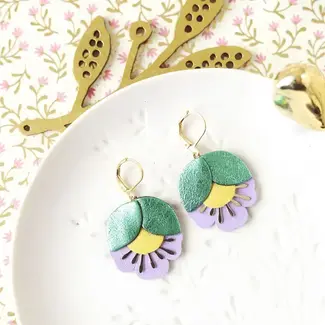 Chenoha Studio Cherry Flower Earrings - Metallic Green, Yellow, Lavender
