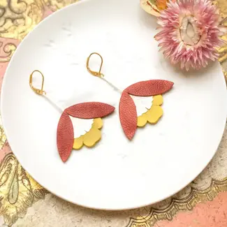 Chenoha Studio Ginkgo Flower Earrings – Terracotta and Yellow Leather