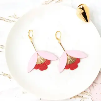 Chenoha Studio Ginkgo Flower Earrings – Pink and Deep Red Leather