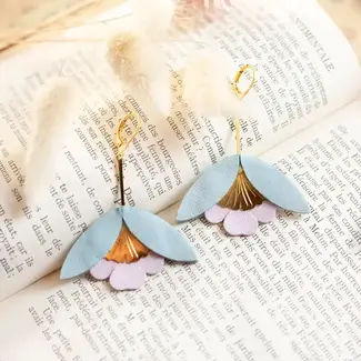 Chenoha Studio Ginkgo Flower Earrings – Blue Sky and Pale Pink Leather