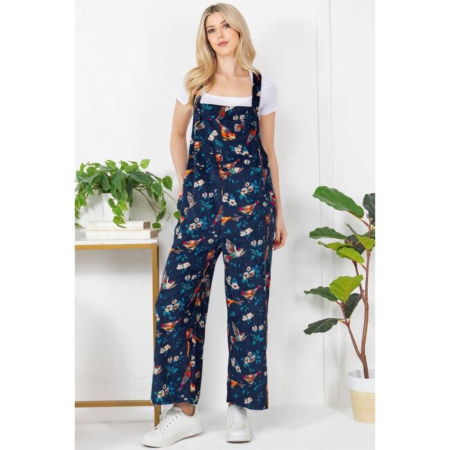 Beatrix - Cord Overalls in Bird Print