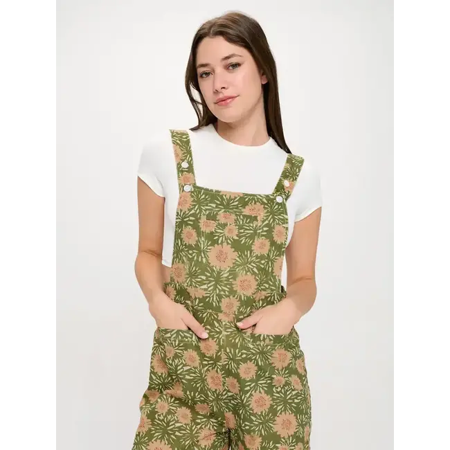 Vintage Flower Blossom Print Shortalls in Green