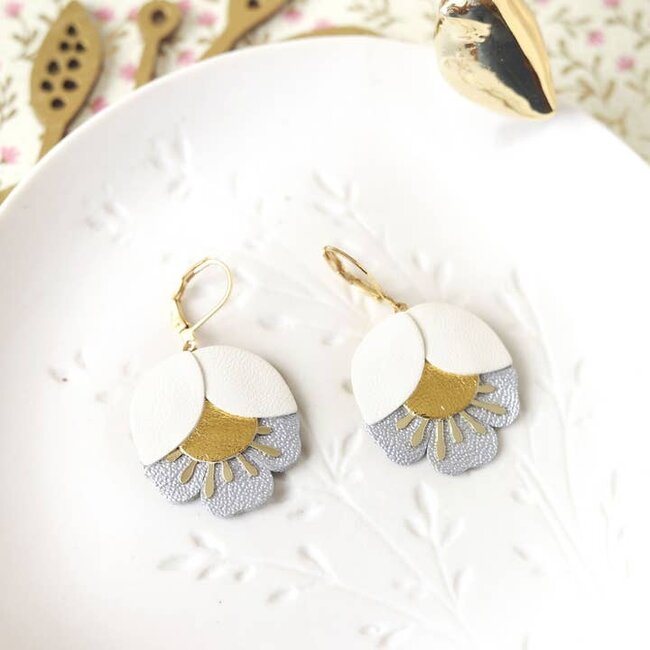 Chenoha Studio Cherry Flower Earrings – White, Gold, Silver Leather