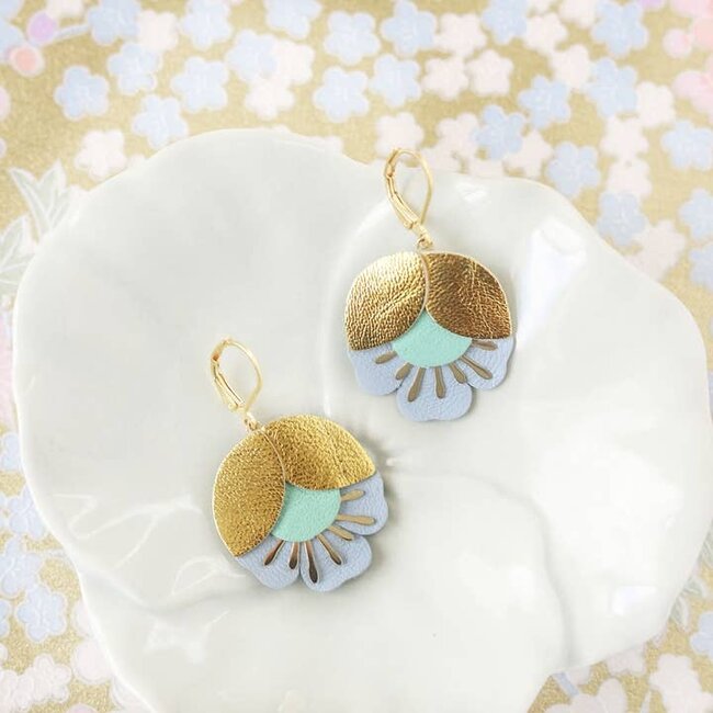 Chenoha Studio Cherry Flower Earrings - Gold, Mint, Light Blue Leather