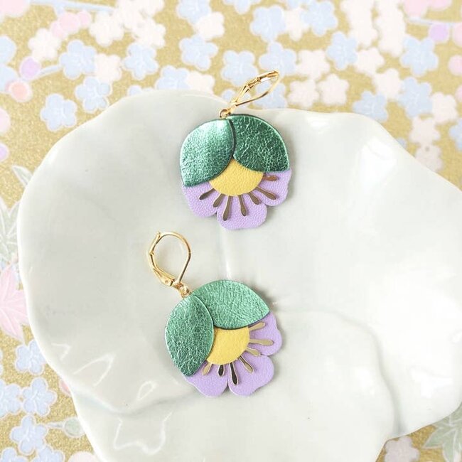 Chenoha Studio Cherry Flower Earrings - Metallic Green, Yellow, Lavender