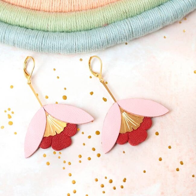 Chenoha Studio Ginkgo Flower Earrings – Pink and Deep Red Leather