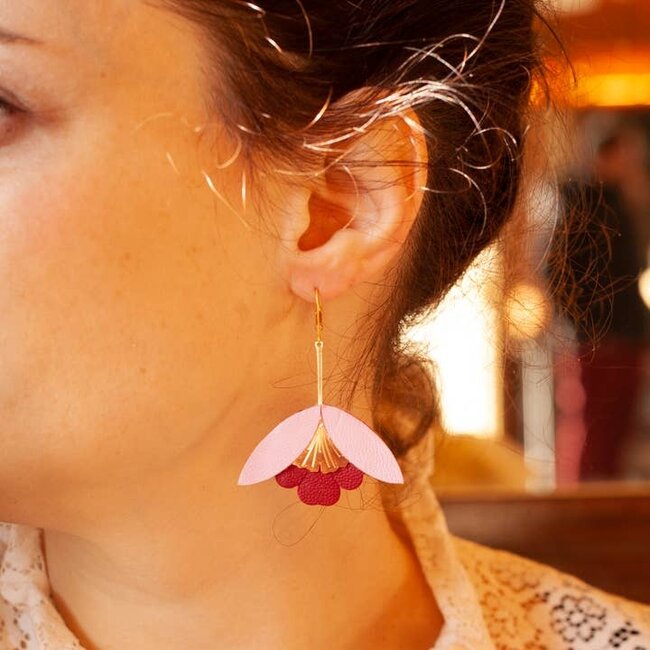 Chenoha Studio Ginkgo Flower Earrings – Pink and Deep Red Leather