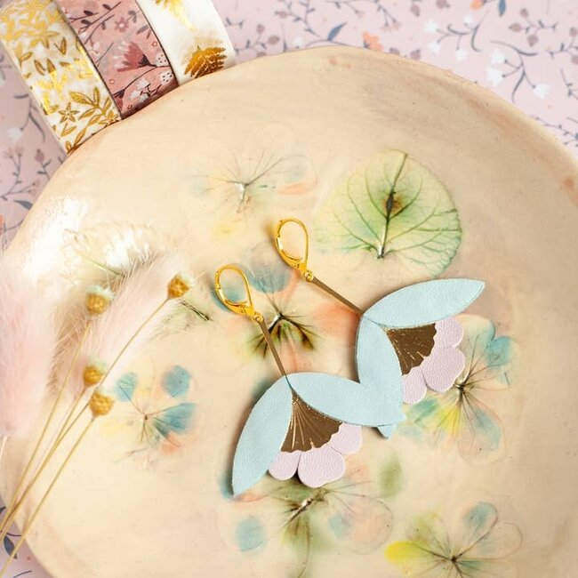 Chenoha Studio Ginkgo Flower Earrings – Blue Sky and Pale Pink Leather