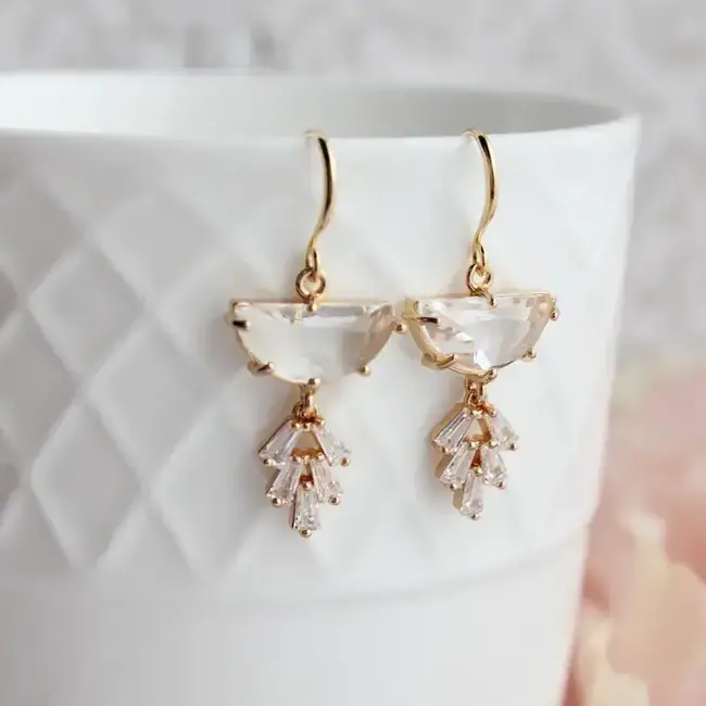 A Pocket of Posies Art Deco Earrings - Half Moon Sparkling Leaf Drop in Clear