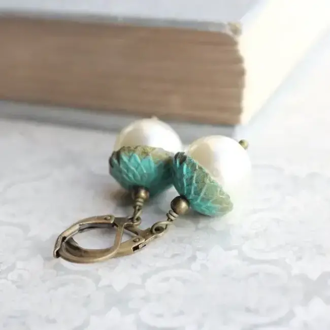 A Pocket of Posies Ivory Pearl Acorn Earrings - Verdigris Patina