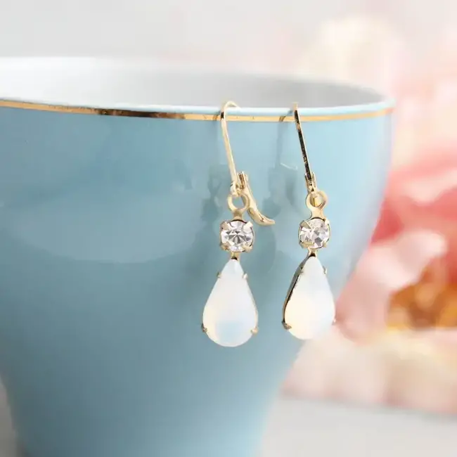 A Pocket of Posies Vintage Glass Teardrop Earrings - White Opal