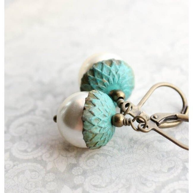 A Pocket of Posies Ivory Pearl Acorn Earrings - Verdigris Patina