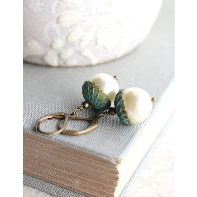 A Pocket of Posies Ivory Pearl Acorn Earrings - Verdigris Patina