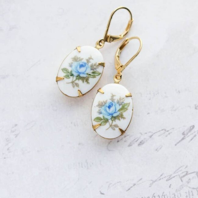 A Pocket of Posies Blue Rose Cameo Earrings