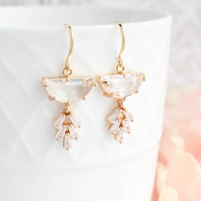 A Pocket of Posies Art Deco Earrings - Half Moon Sparkling Leaf Drop in Clear