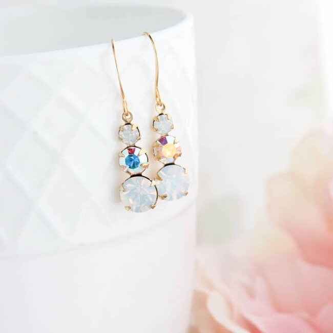 A Pocket of Posies Vintage Glass Earrings - Three Jewel White Opal Glass