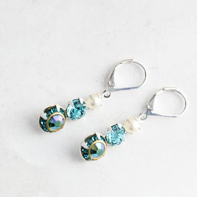 A Pocket of Posies Vintage Glass Earrings - Three Jewel - Blue Zircon and Pearl