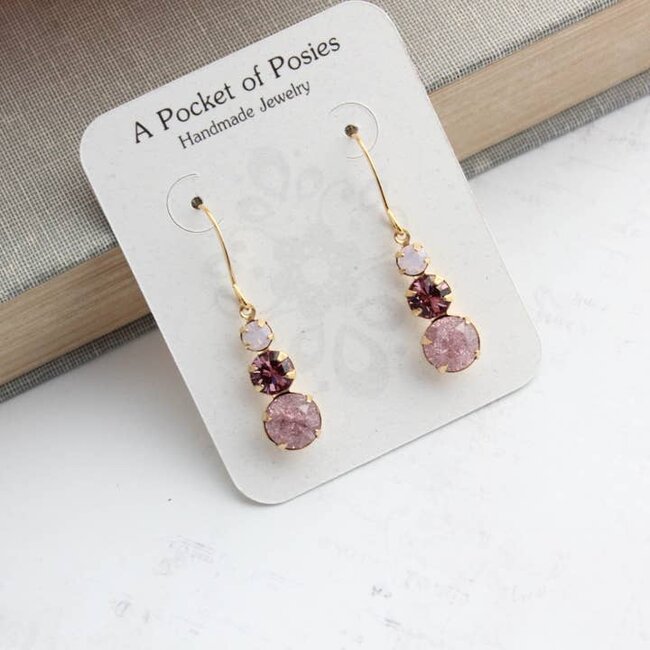 A Pocket of Posies Vintage Glass Earrings - Three Jewel - Dusty Rose Plum