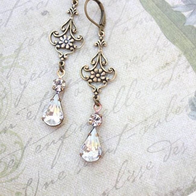 A Pocket of Posies Long Filigree Crystal Glass Earrings - Vintage