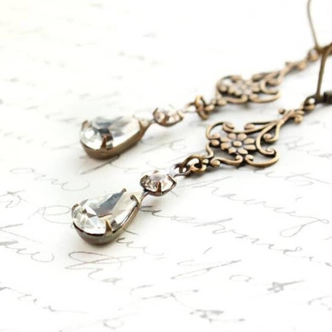 A Pocket of Posies Long Filigree Crystal Glass Earrings - Vintage