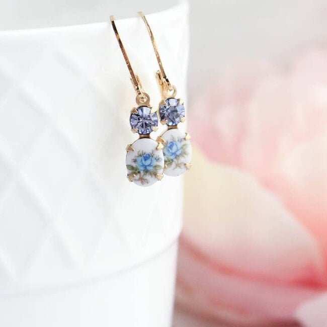 A Pocket of Posies Little Blue Rose Cameo Earrings - Vintage Glass