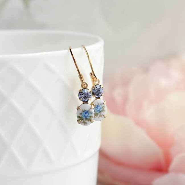 A Pocket of Posies Little Blue Rose Cameo Earrings - Vintage Glass