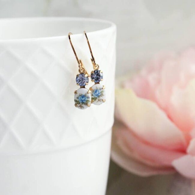 A Pocket of Posies Little Blue Rose Cameo Earrings - Vintage Glass