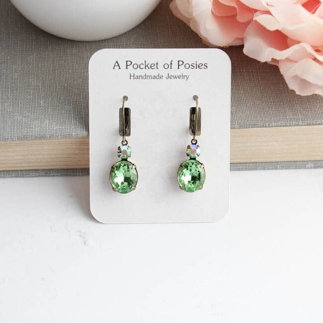 A Pocket of Posies Green Drop Earrings - Vintage Glass - Peridot Ovals