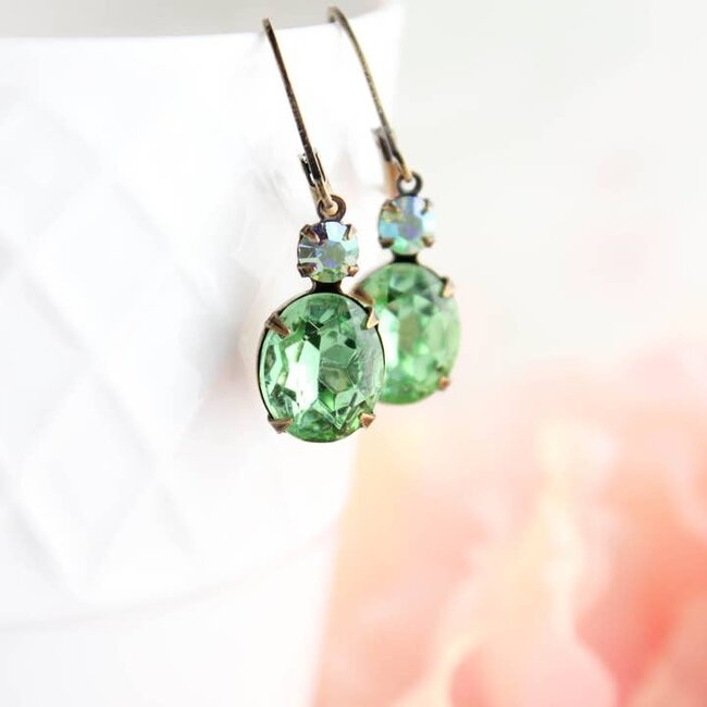 A Pocket of Posies Green Drop Earrings - Vintage Glass - Peridot Ovals